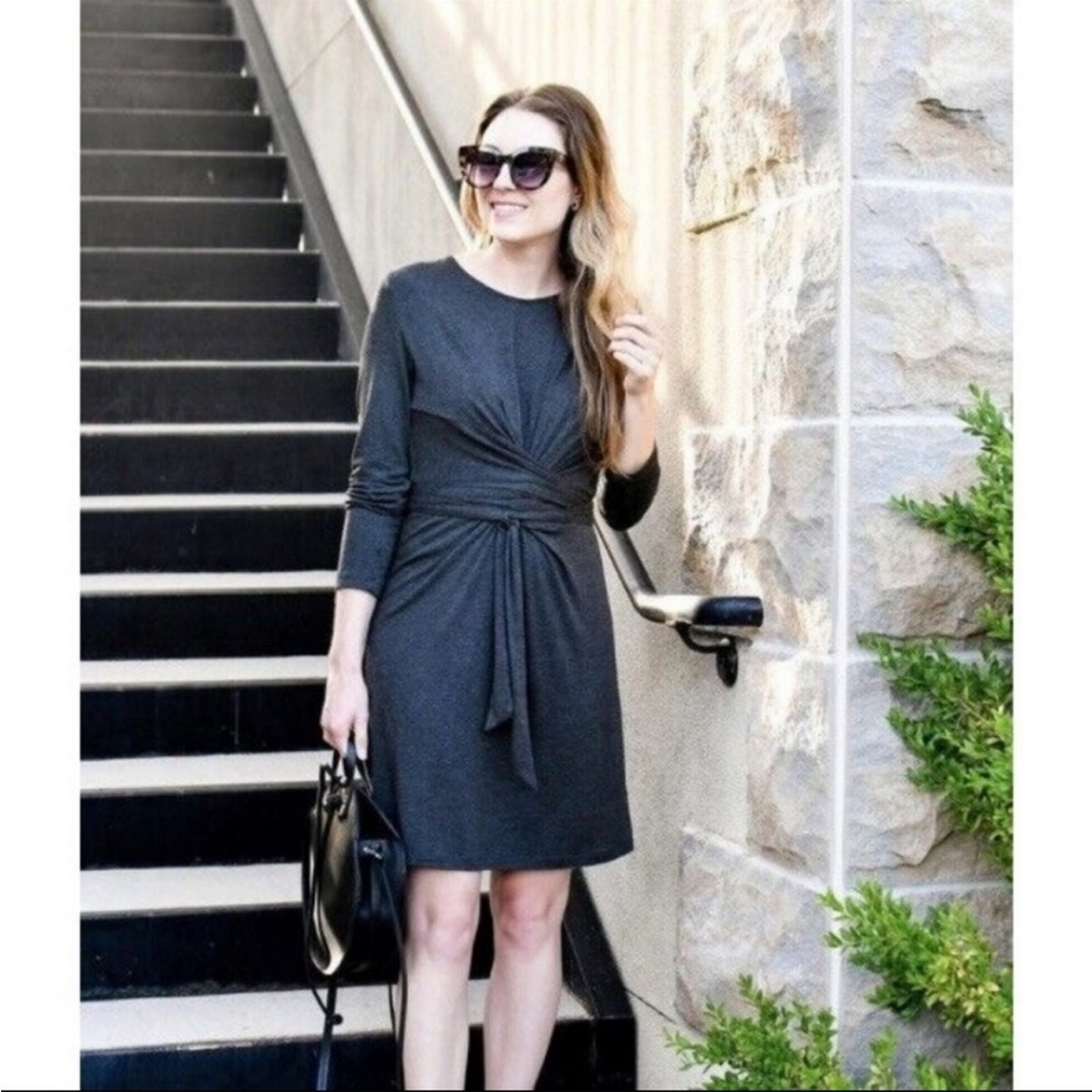 Amour Vert Kim Modal Dress Midi Shift Waist Tie Gray Relaxed Dress